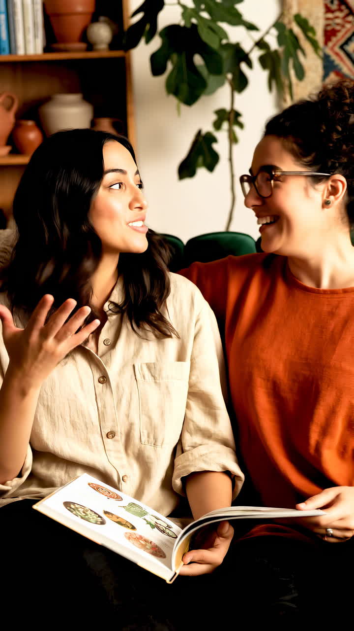 Due donne felici che leggono un libro e ridono insieme a casa
