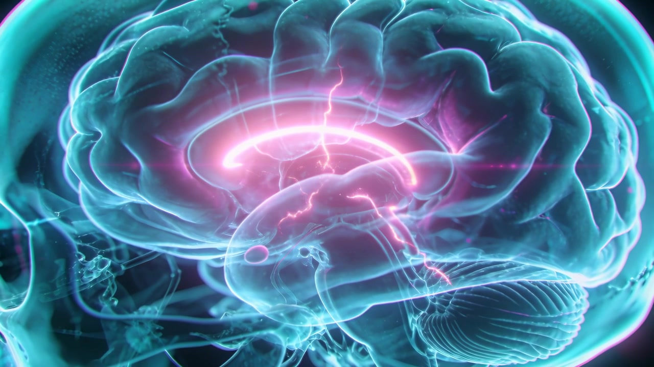 Pulsing 3D brain sending sparks and filaments after magenta arc intensifying in medical view, skull