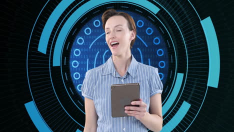 person holding tablet with digital data processing animation in background