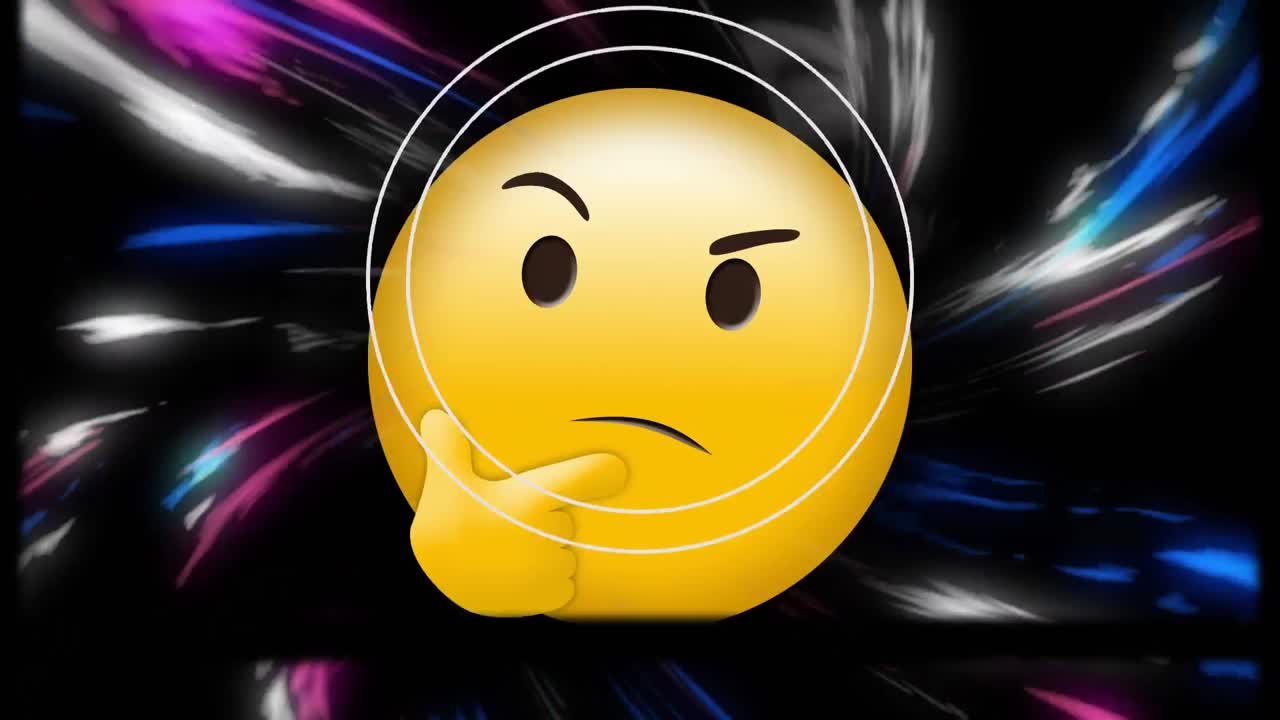 Efekt filmového pásu nad emoji přemýšlejícího obličeje na pozadí digitálních vln na černém pozadí