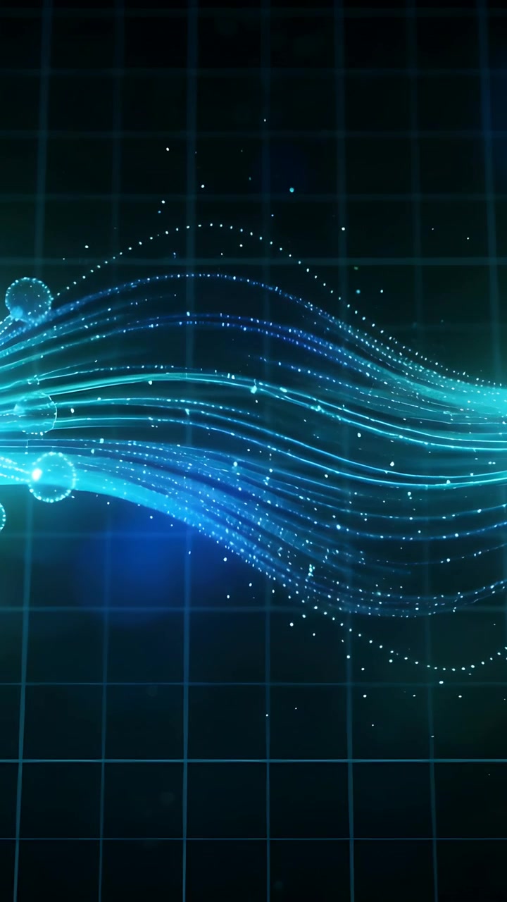 Vertical video: Streaming teal strands forming data flow across grid, left emitters sending dots