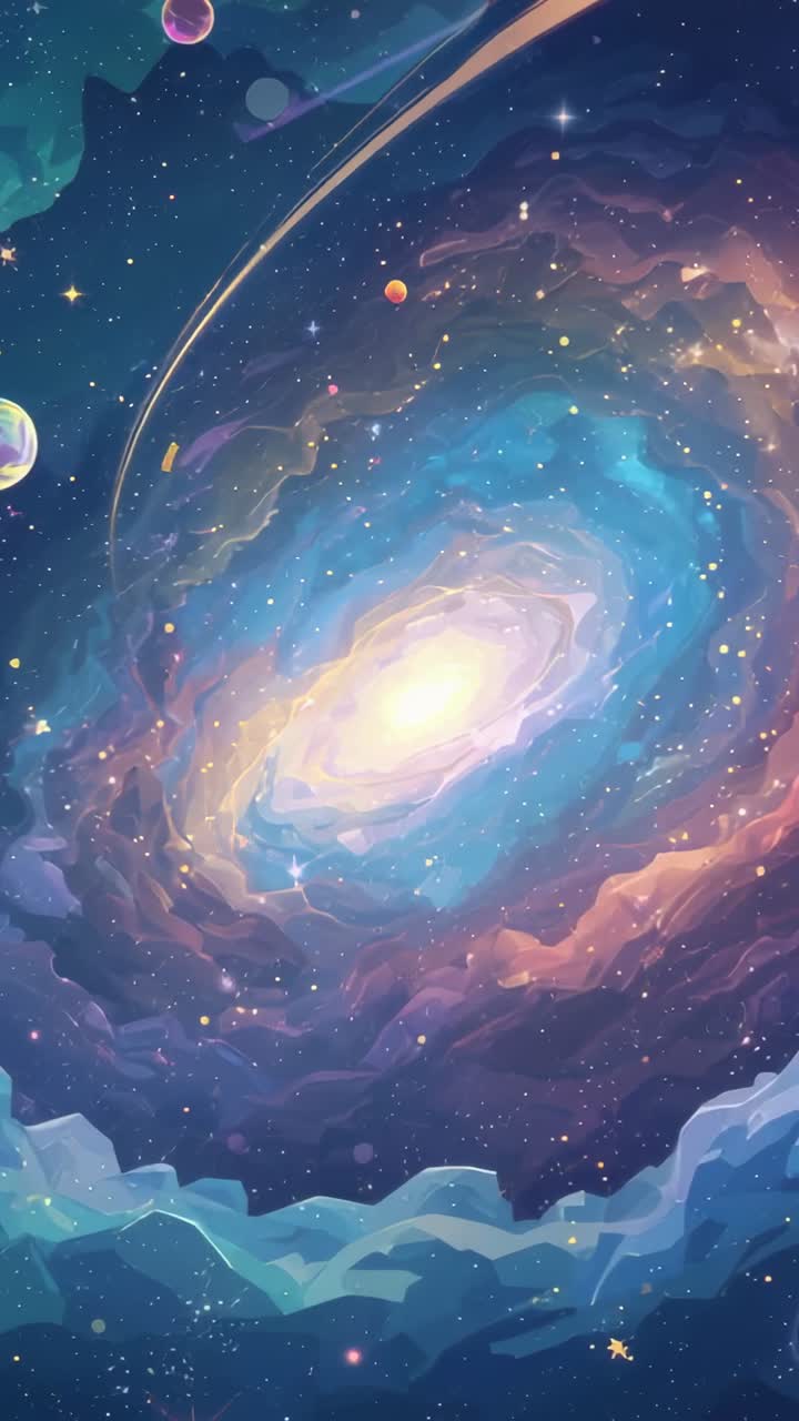 Vertical video: Opening spiral galaxy rotating amid nebula, comet sweeping, planets drifting