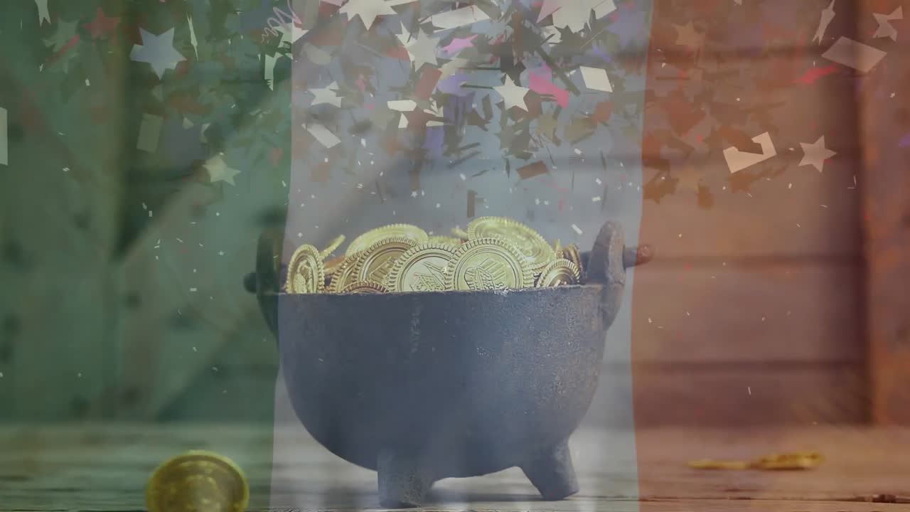 monedas de oro cayendo sobre el caldero desbordamiento de monedas de oro contra un fondo digital de la bandera irlandesa
