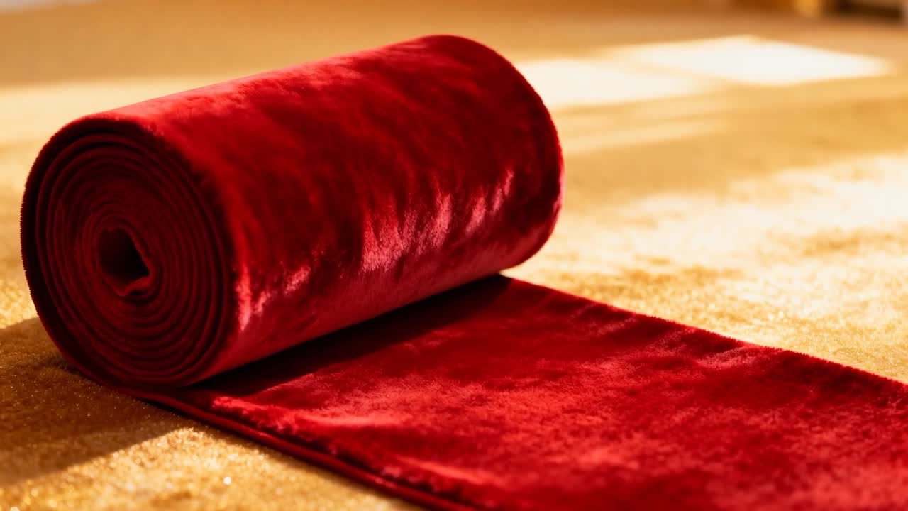 Rotolo di tappeto di velluto rosso che si srotola avanzando su un pavimento dorato e scintillante, rivelando un pelo morbido