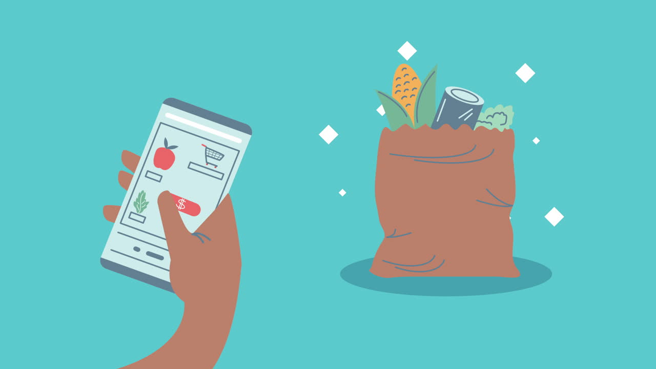 smartphone with groceries ecommerce animation