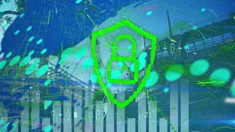 animation of graphs and digital padlock with green lines over construction site