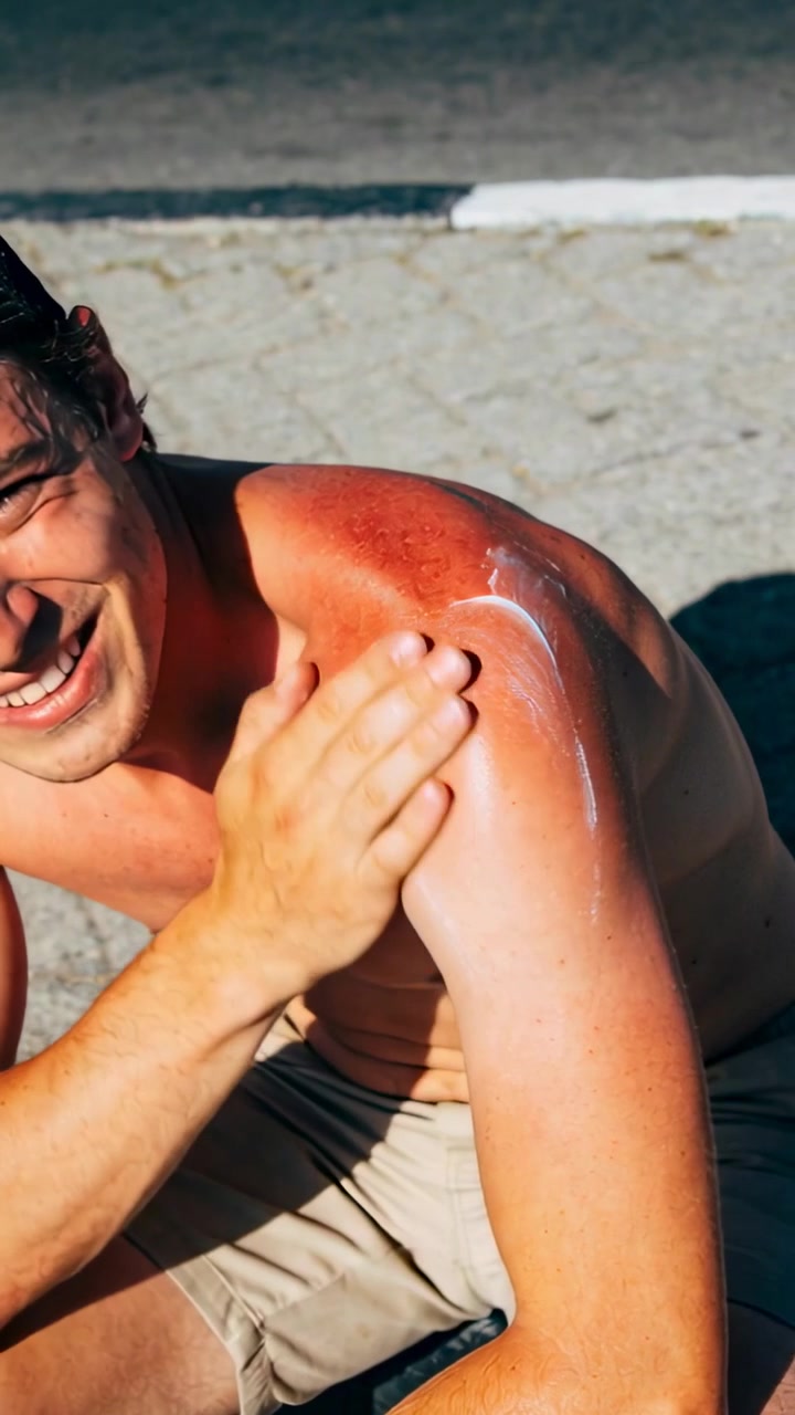 Vertical video: Wincing shirtless man in shorts by curb rubbing white cream on burned left shoulder