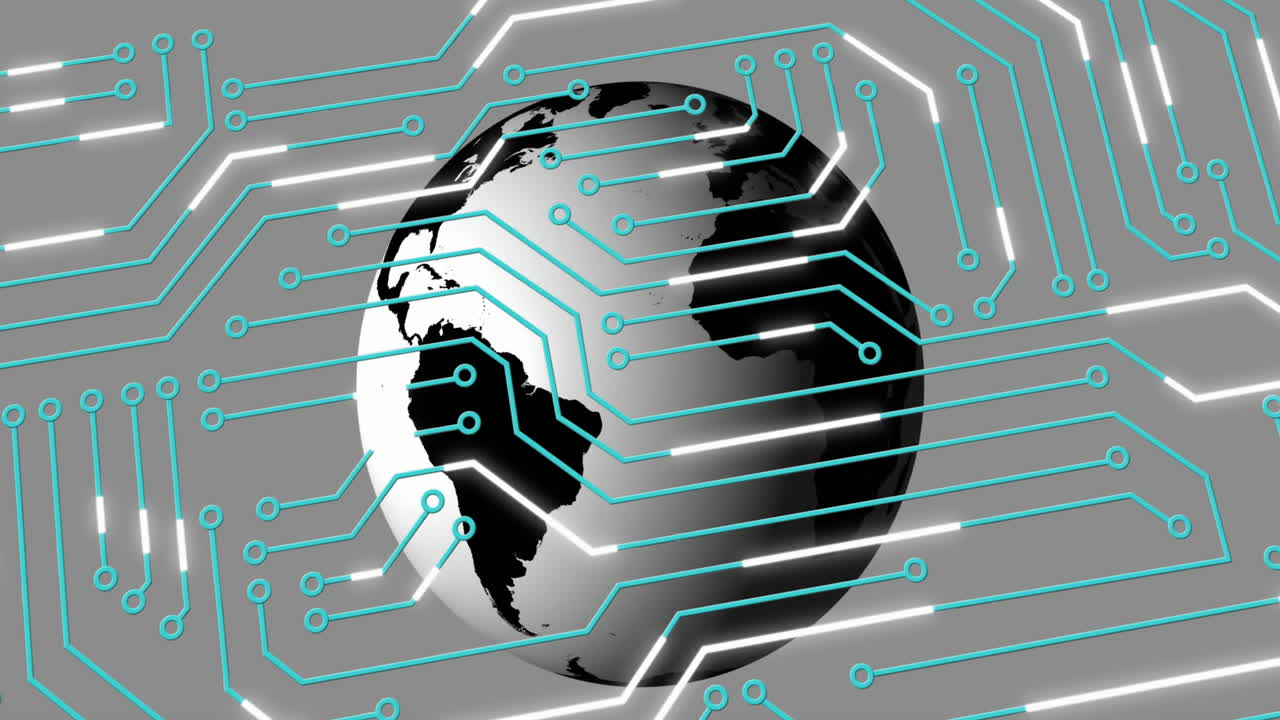 Animation of circuit board pattern and rotating globe over gray background