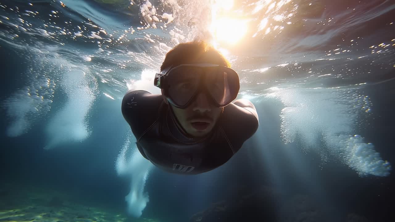 Uomo in immersione libera sott'acqua con i raggi del sole che filtrano attraverso la superficie dell'acqua