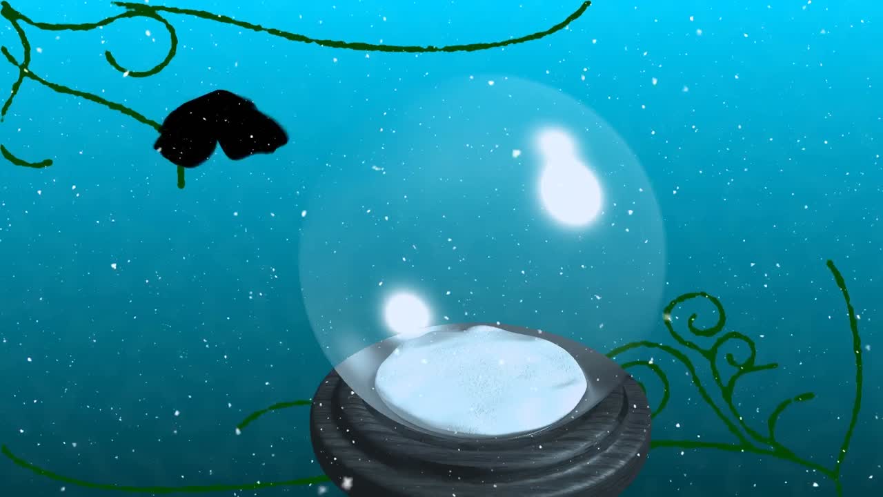 Animation of snow falling and butterfly over snow globe on blue background