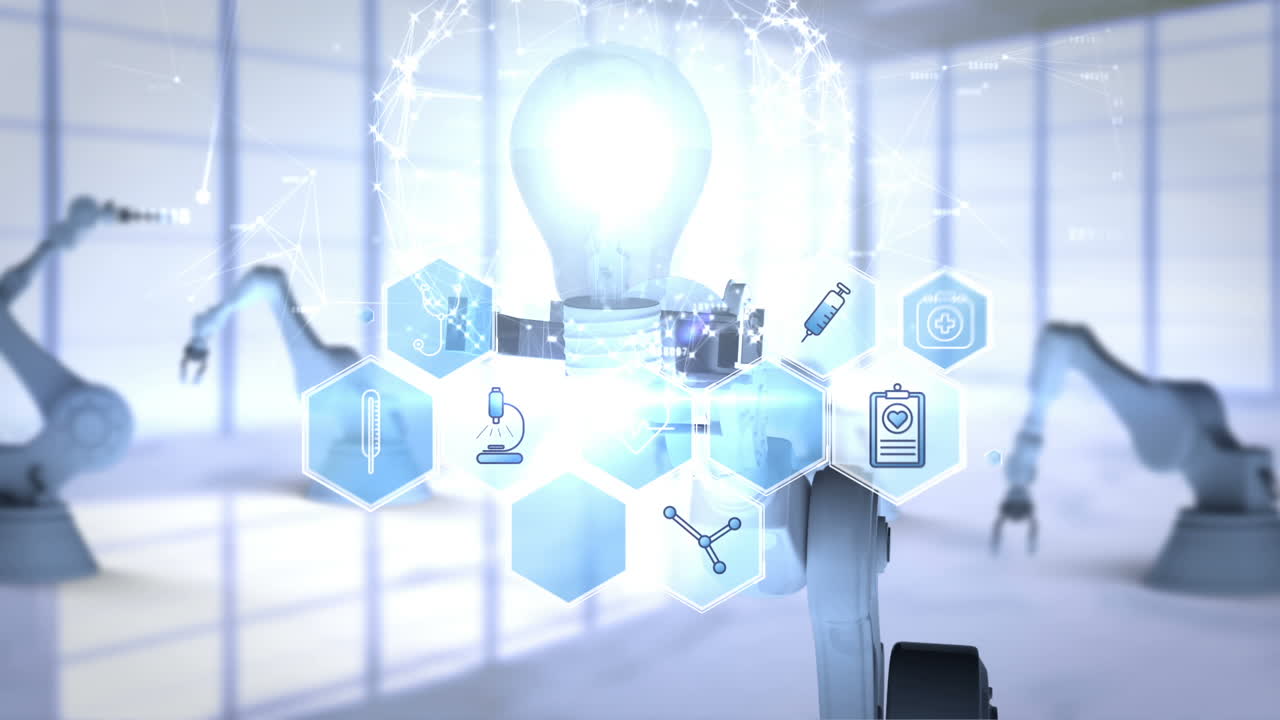 Robotic hand presenting light bulb surrounded by different icons
