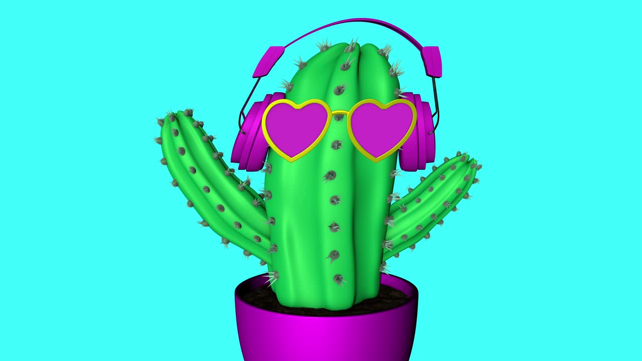animación en 3d de cactus de lujo en fondo pastel. baile en bucle de caktus funky con auriculares y gafas de sol. concepto de arte pop minimalista.