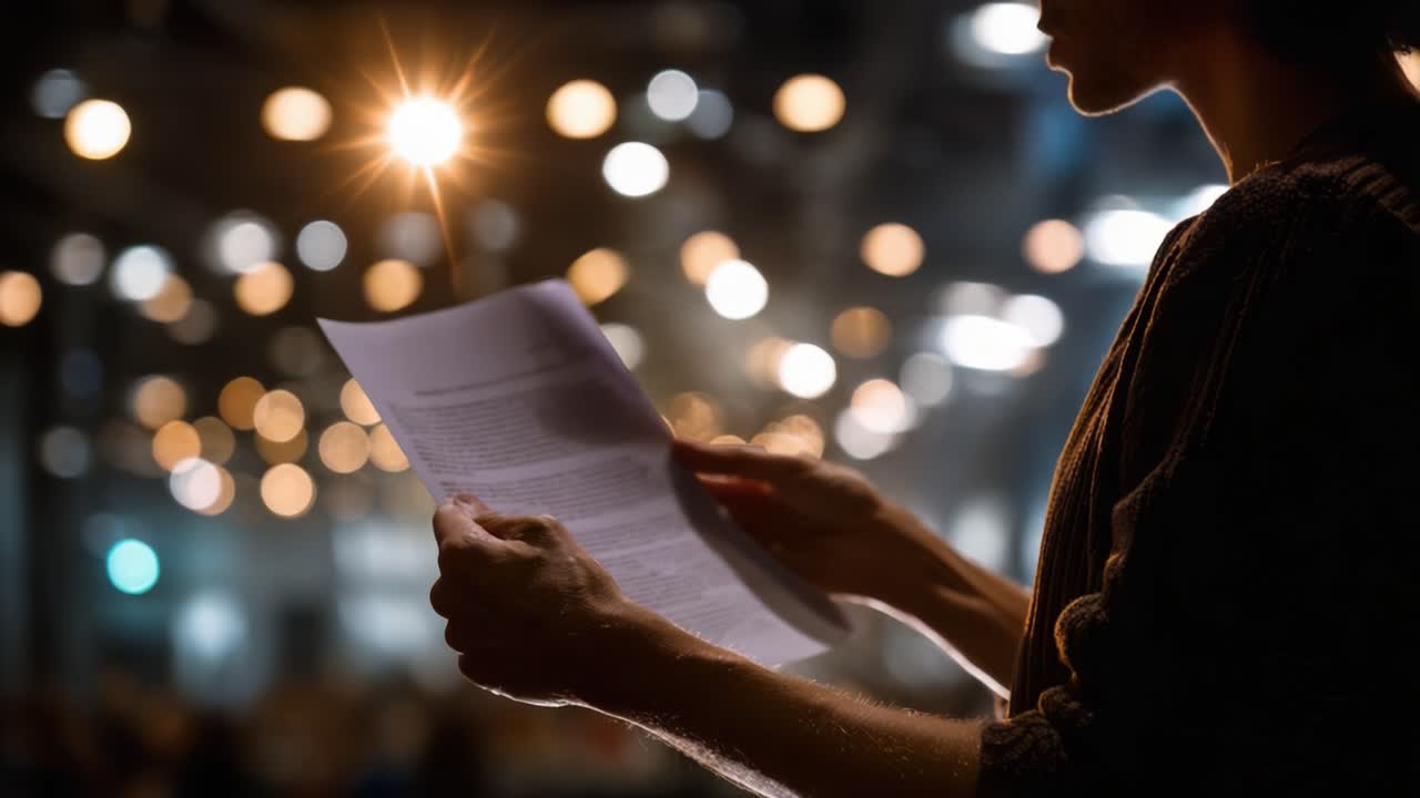 Una persona tiene in mano un foglio di carta, illuminato da luci intense sullo sfondo, in un momento di concentrazione durante un evento o uno spettacolo teatrale coinvolgente.