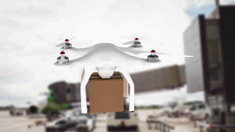 animation of drone carrying parcel flying over out of focus buildings