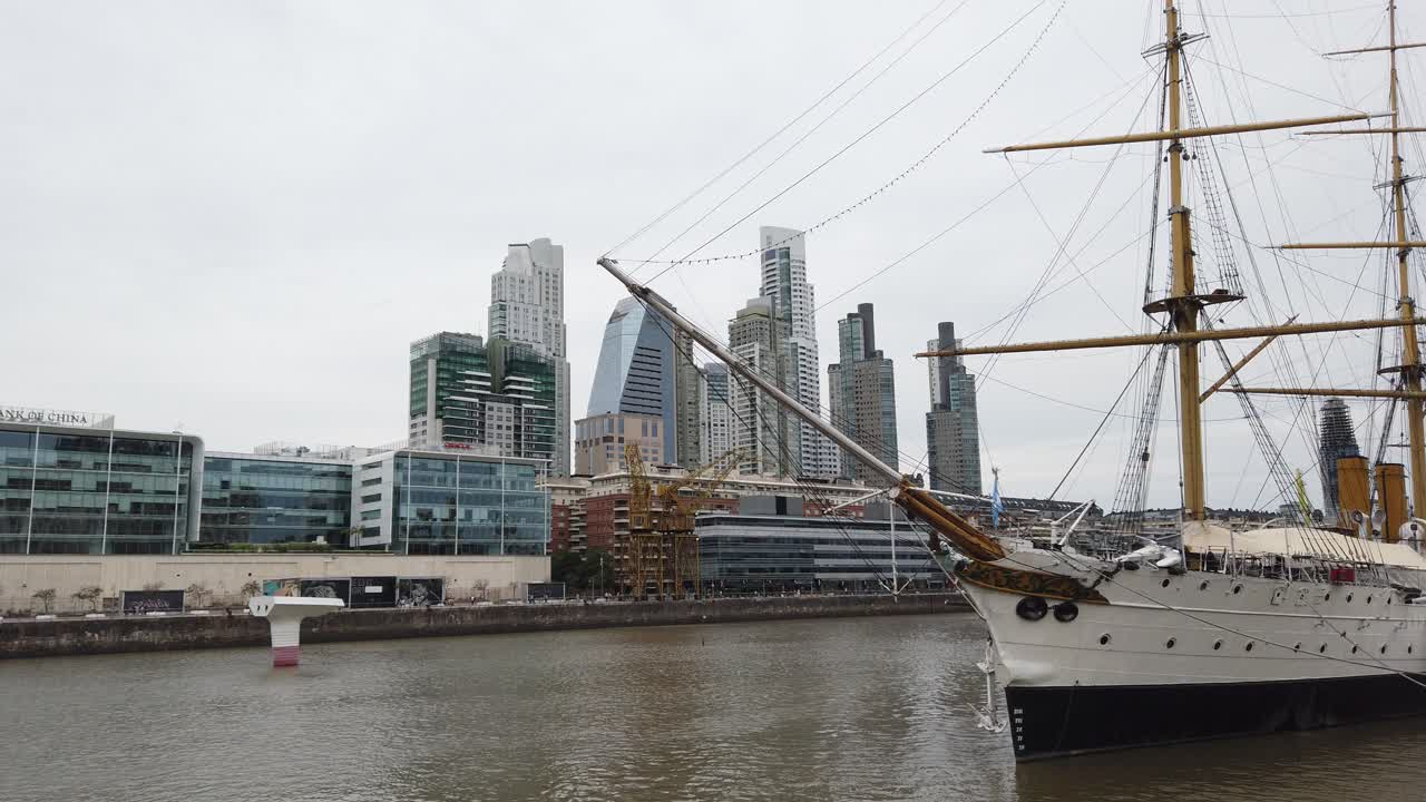 Historic Sailing Ship Docked in Modern Buenos Aires Harbor