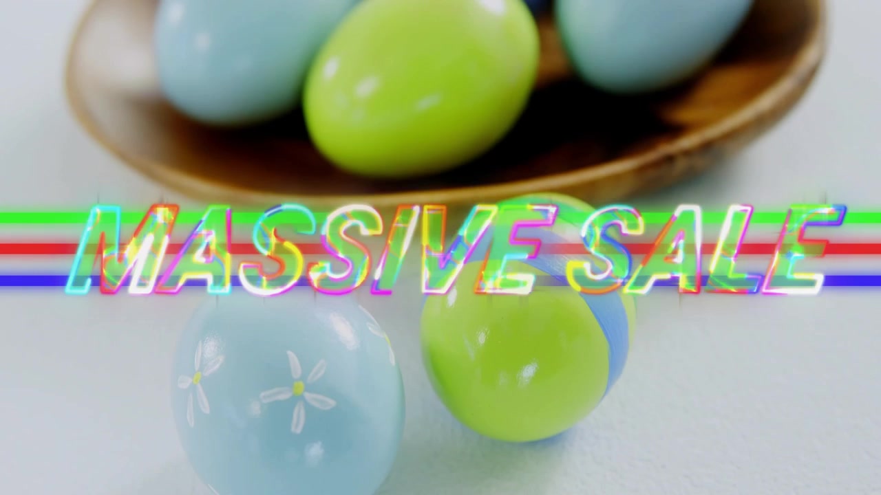 ネオンが現れ、クロームの「MASSIVE SALE」の文字が形成される。パステルカラーの卵が移動し、ボウルが上昇してセールを宣伝している。