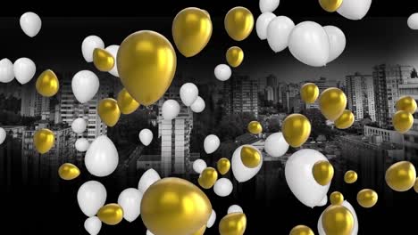 animación de globos y paisaje urbano sobre fondo negro