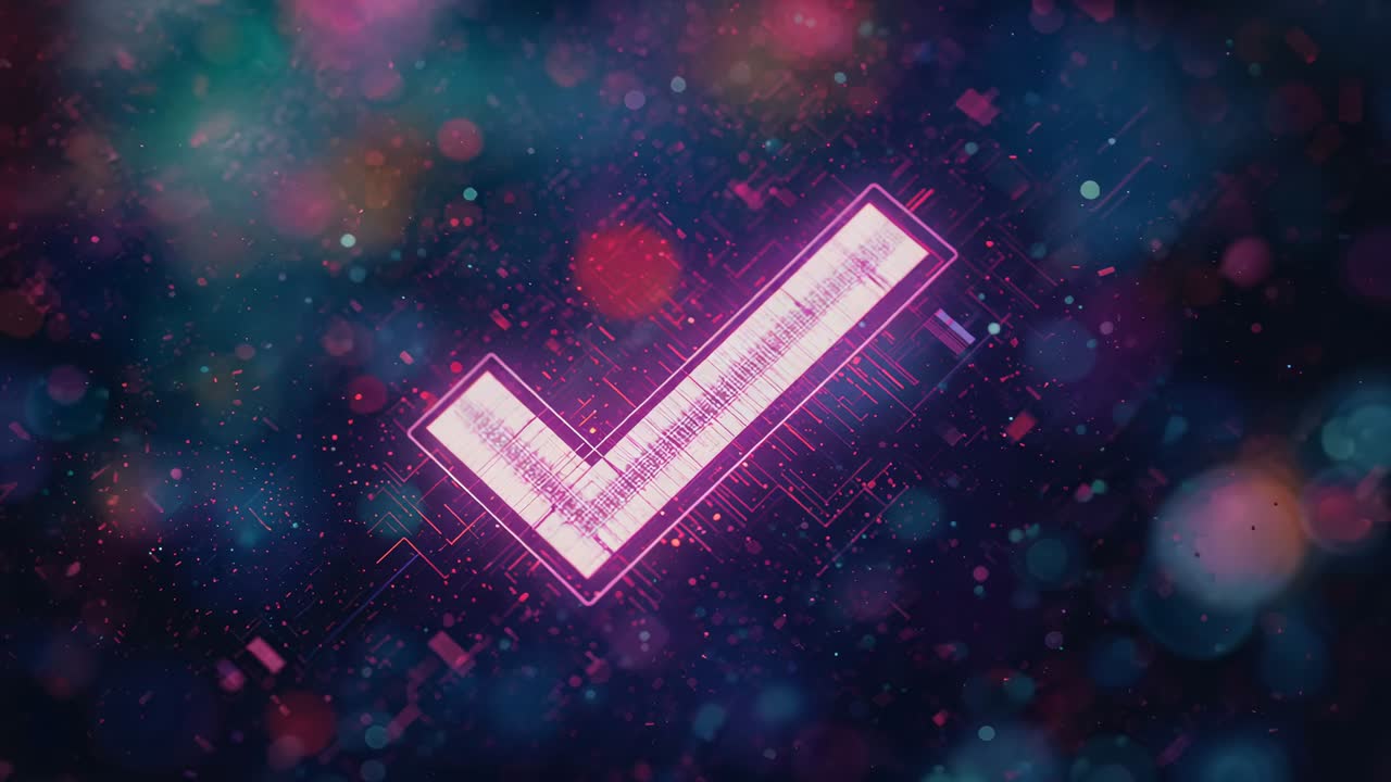 Receiving signal, glowing checkmark pulsing and rotating on circuit plane, confirming activation
