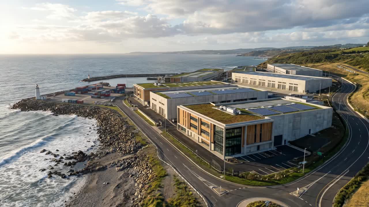Luftfoto af moderne kystnært industrikompleks med grønne tage og solpaneler