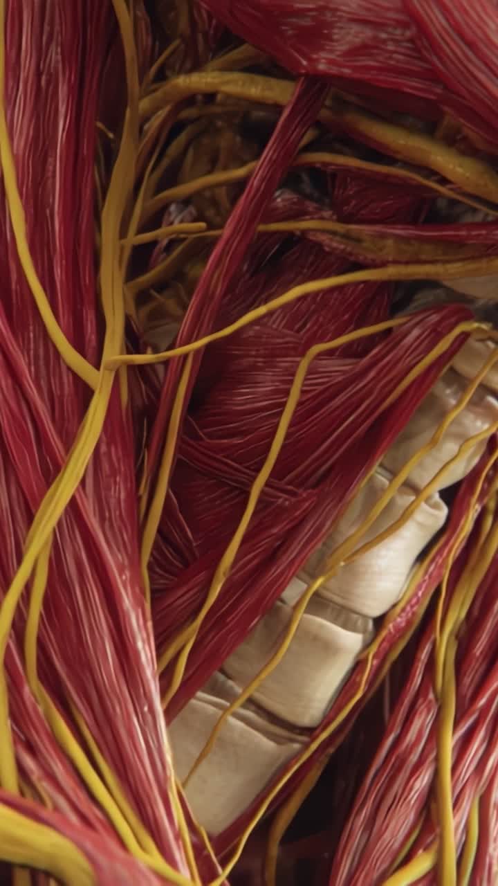 Dettaglio Intricato dell'Anatomia Umana: Un Esame Ravvicinato di Nervi Rossi e Gialli Intrecciati con Muscolatura e Struttura Spinale in una Splendida Prospettiva Biologica