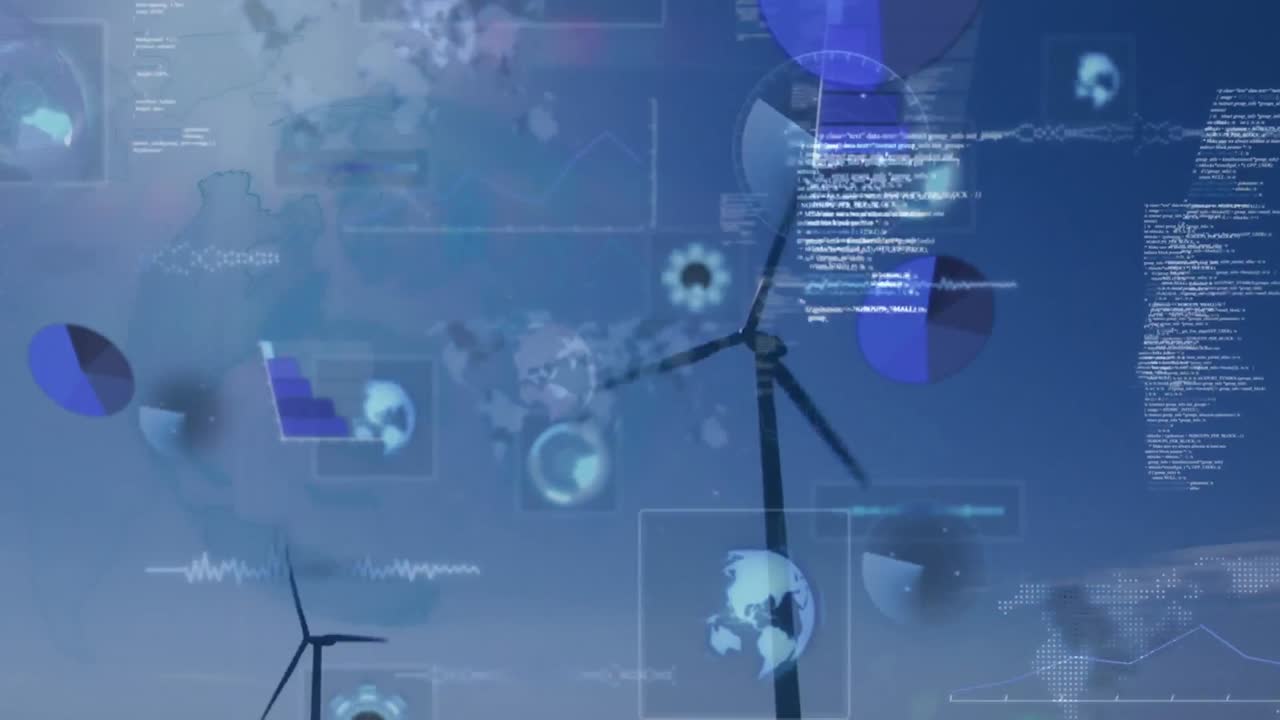Animation of data processing with scope scanning and globe over wind turbines