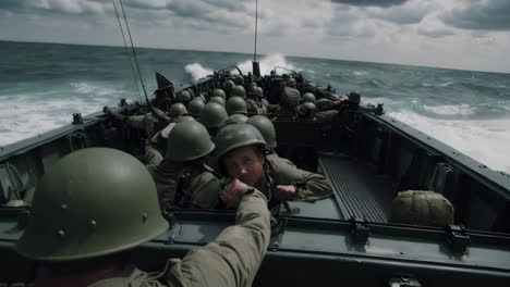 soldiers in landing craft during a storm