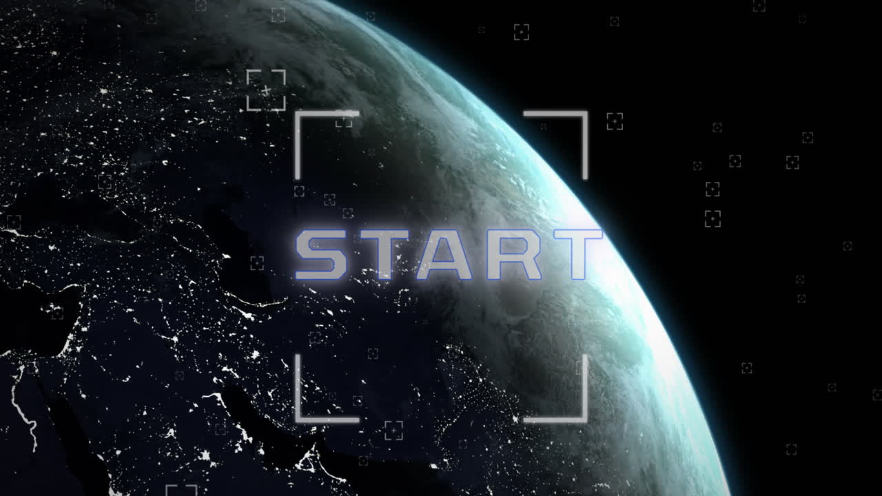 animación del texto de inicio, los visores y el globo giratorio sobre fondo negro