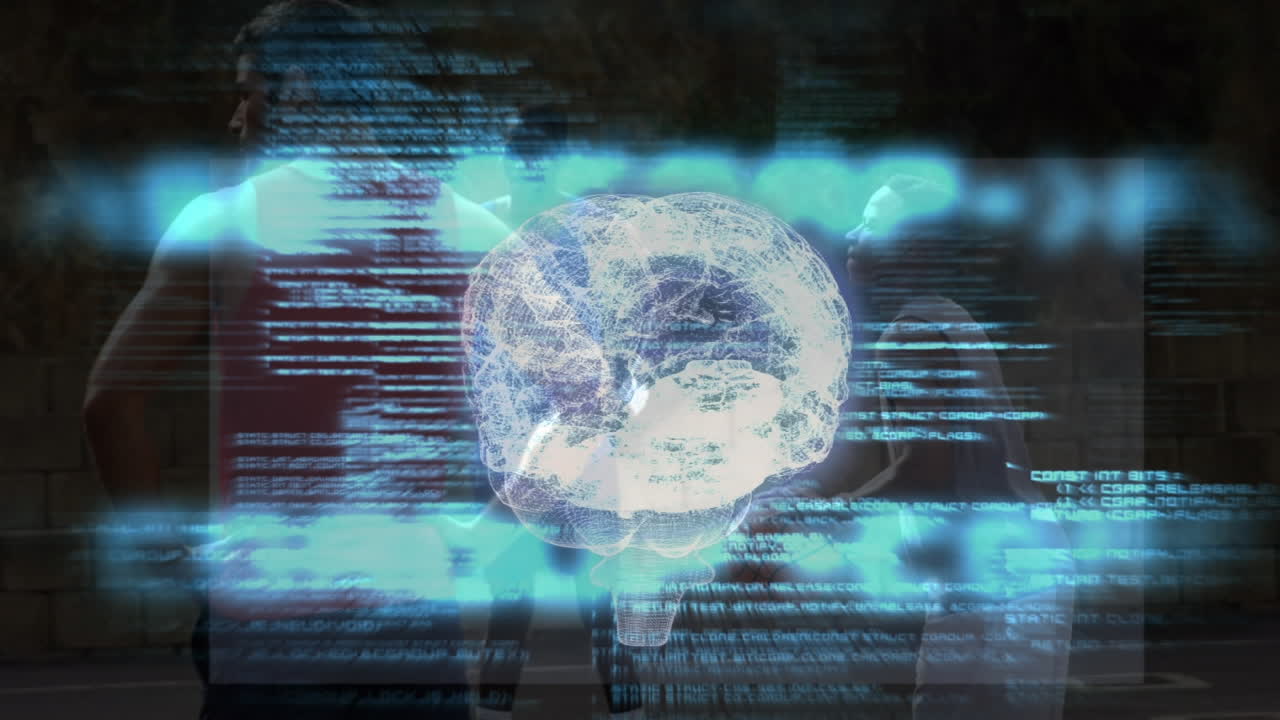 인간 뇌의 회전 및 데이터 처리의 애니메이션 농구 게임