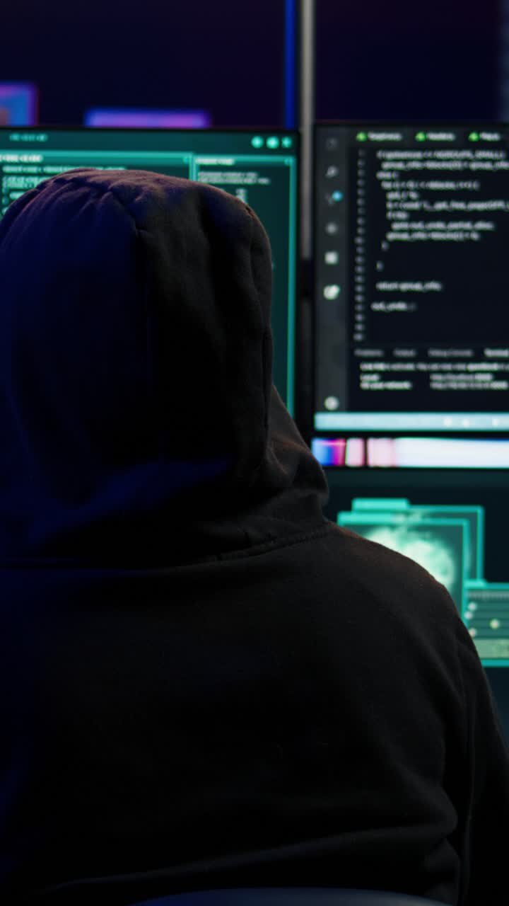Video verticale. Criminale informatico che utilizza il machine learning dell'IA per sviluppare un exploit zero-day