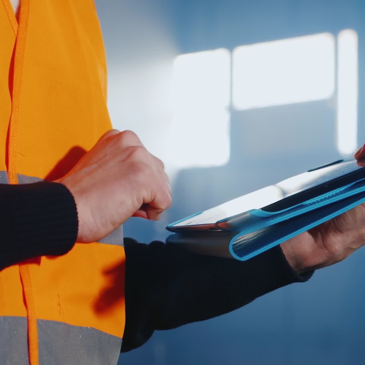 un ingeniero trabaja en un almacén y usa una tableta 1