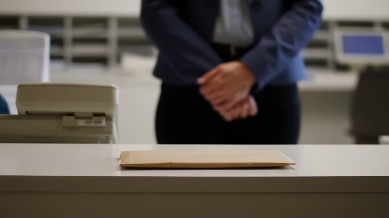 An envelope rests on a counter with a person standing in the background