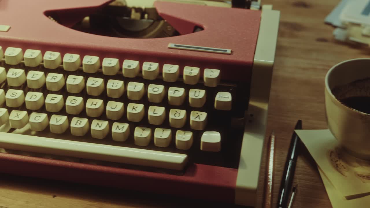 Typewriter, Coffee Cup and Mugshots on Desk of Criminal Investigator