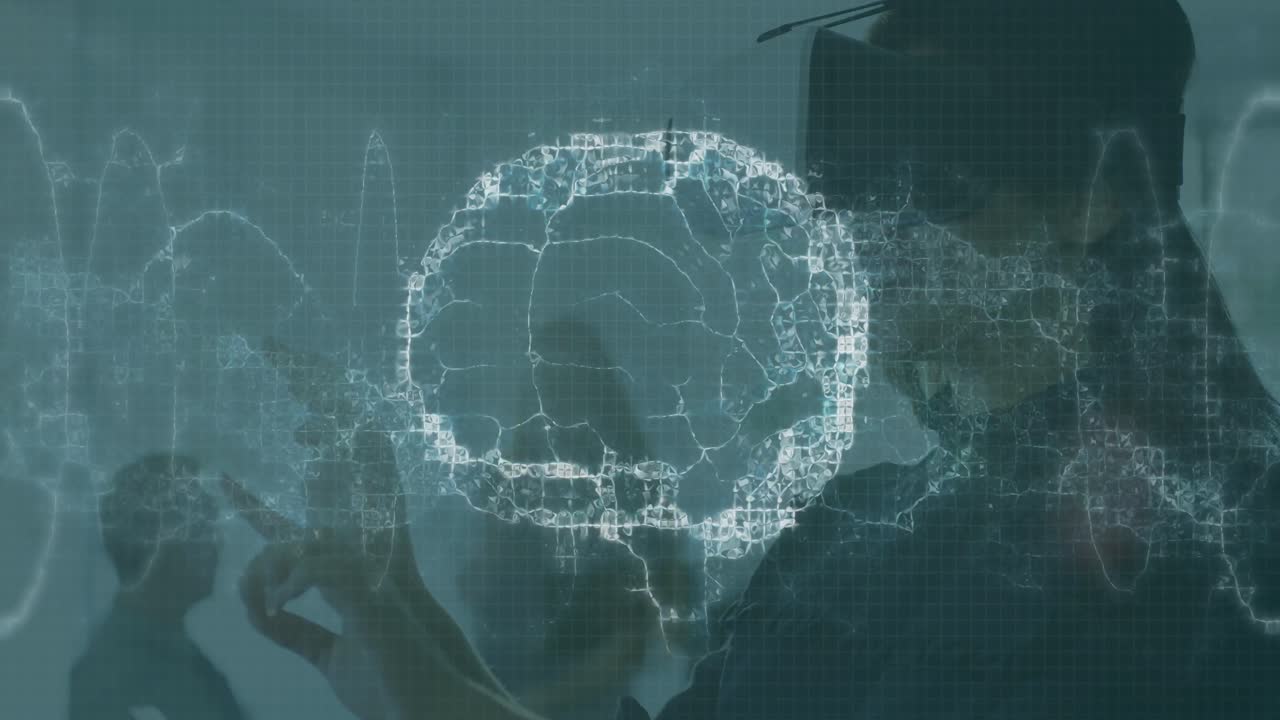 Animation of brain and medical data processing on interface, over smiling woman using vr headset