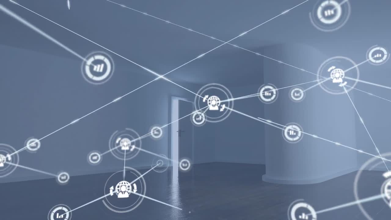 Animation of network of connections with icons over office