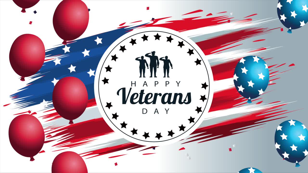 행복한 참전용사 날 문자 애니메이션과 봉인 및 풍선 헬