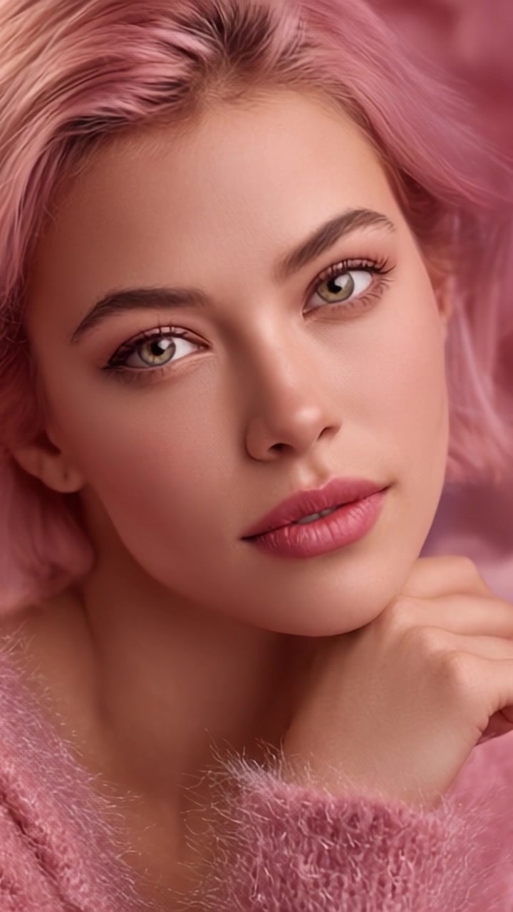 Ritratto accattivante di una giovane donna con capelli rosa e tratti distintivi, che enfatizza la bellezza naturale e le espressioni delicate che coinvolgono lo spettatore.