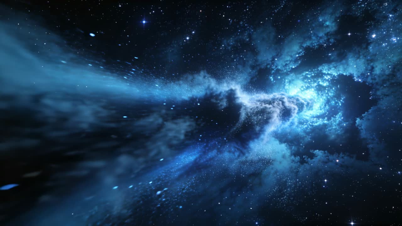 Launching camera view racing through deep blue nebula, showing bright core, wisps and streaks