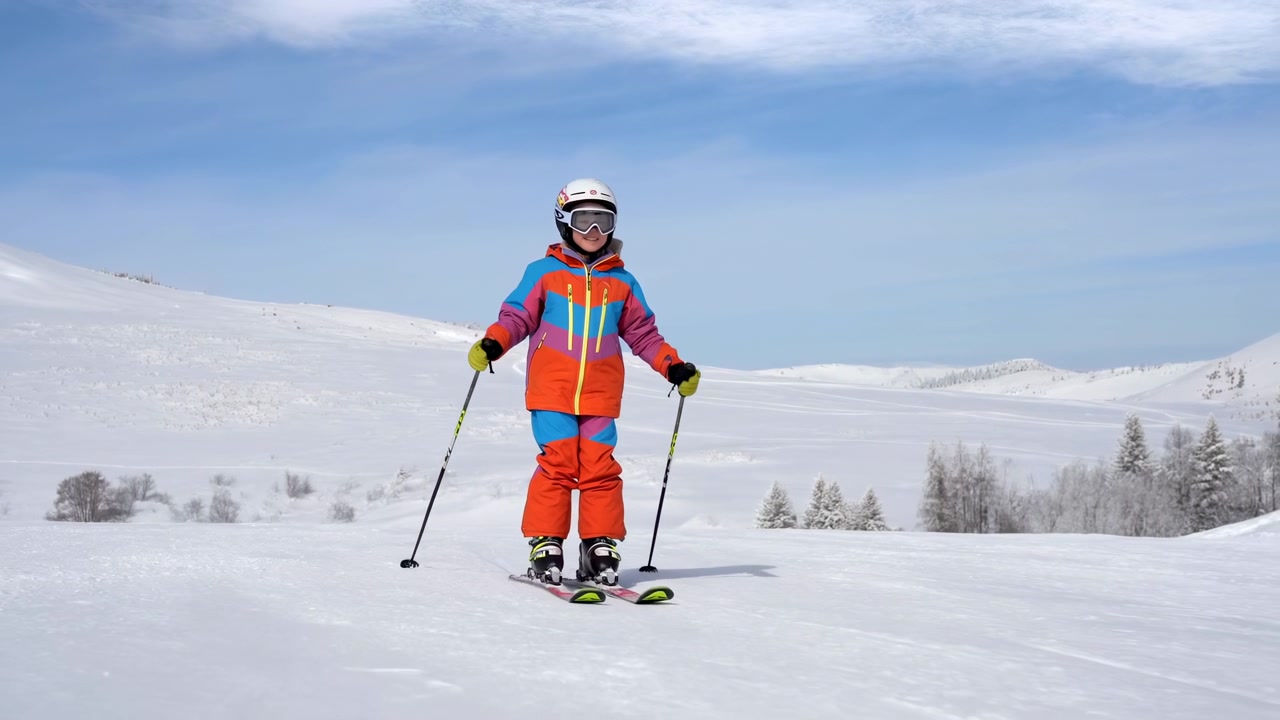 Bambino sciatore in piedi su una pista innevata, con giacca e casco colorati, che tiene i bastoncini e sorride, sotto un cielo azzurro brillante
