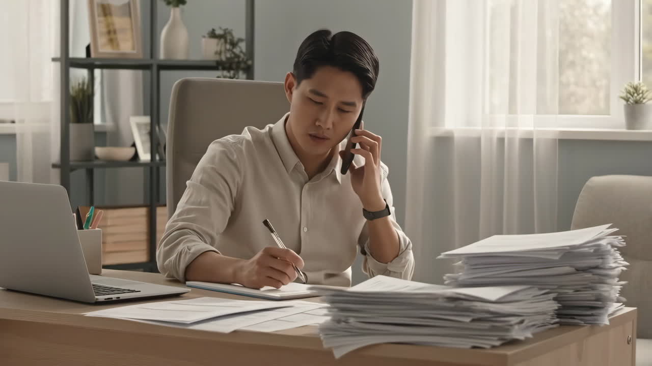 Man working at desk, talking on phone and writing