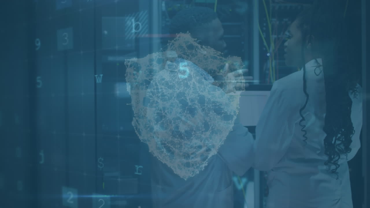 animación del procesamiento de datos sobre diversos trabajadores en la sala del servidor