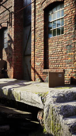 industrial building with brick wall and box on sidewalk