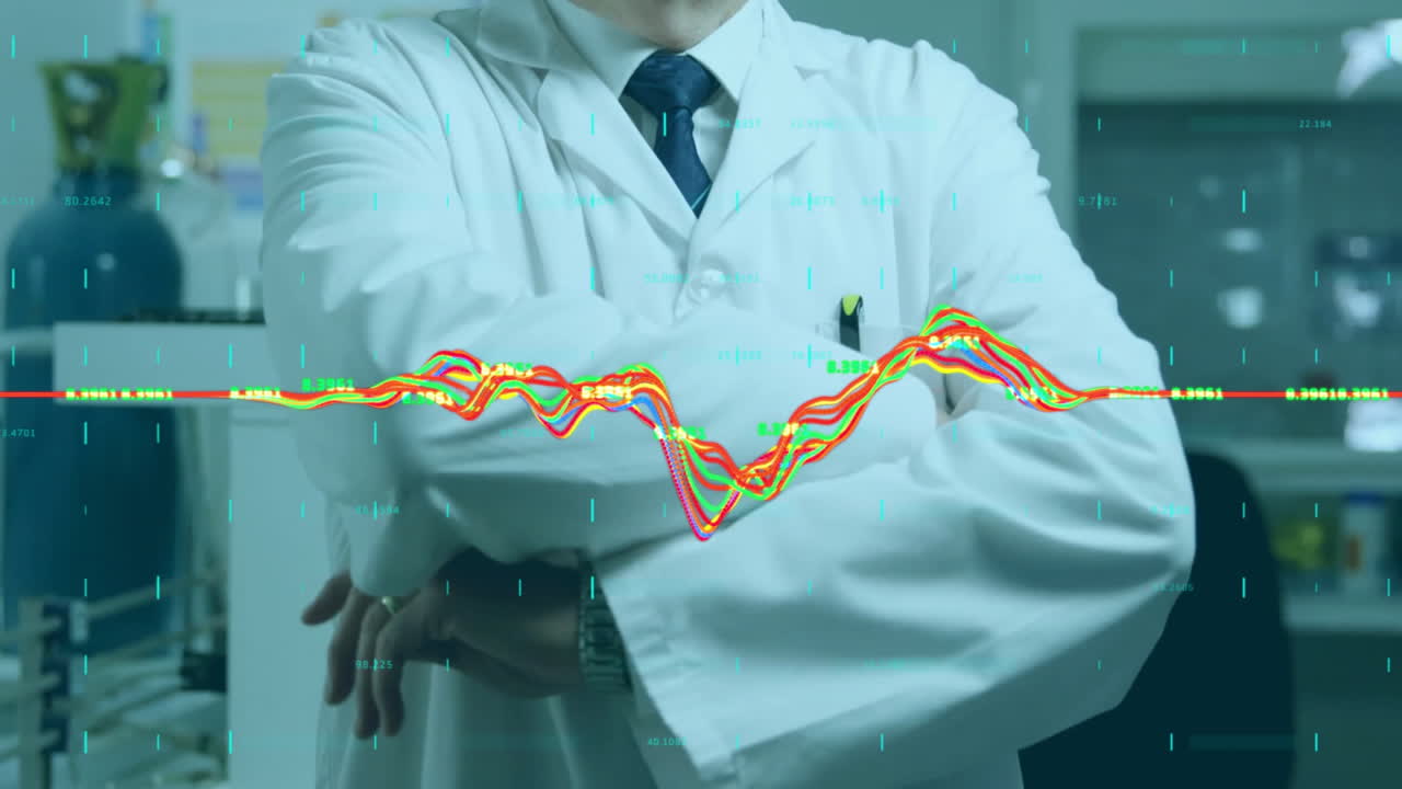 In lab, scientist analyzing colorful data graph overlaying on arms animation