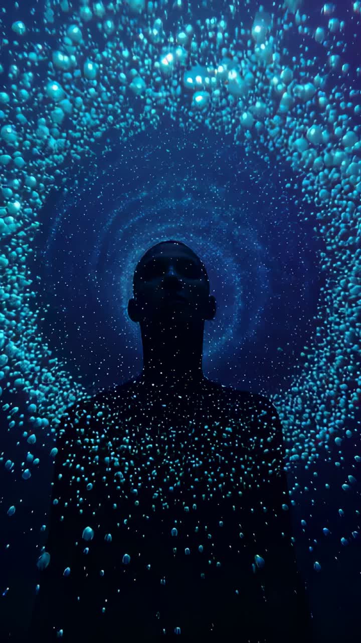 Vertical video: Standing silhouette man still as halo building at studio with glowing spheres