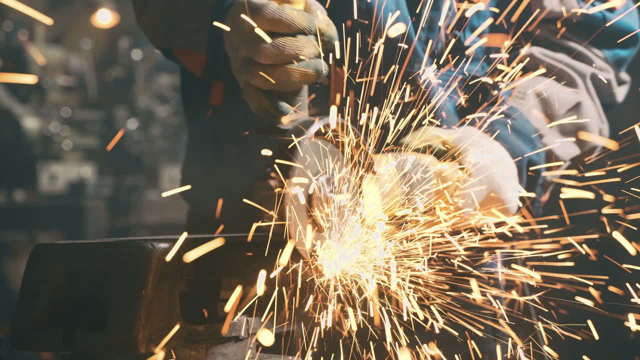 cerrajero en ropa especial y gafas de protección trabaja en la producción. procesamiento de metales con molienda angular. chispas en la metalurgia
