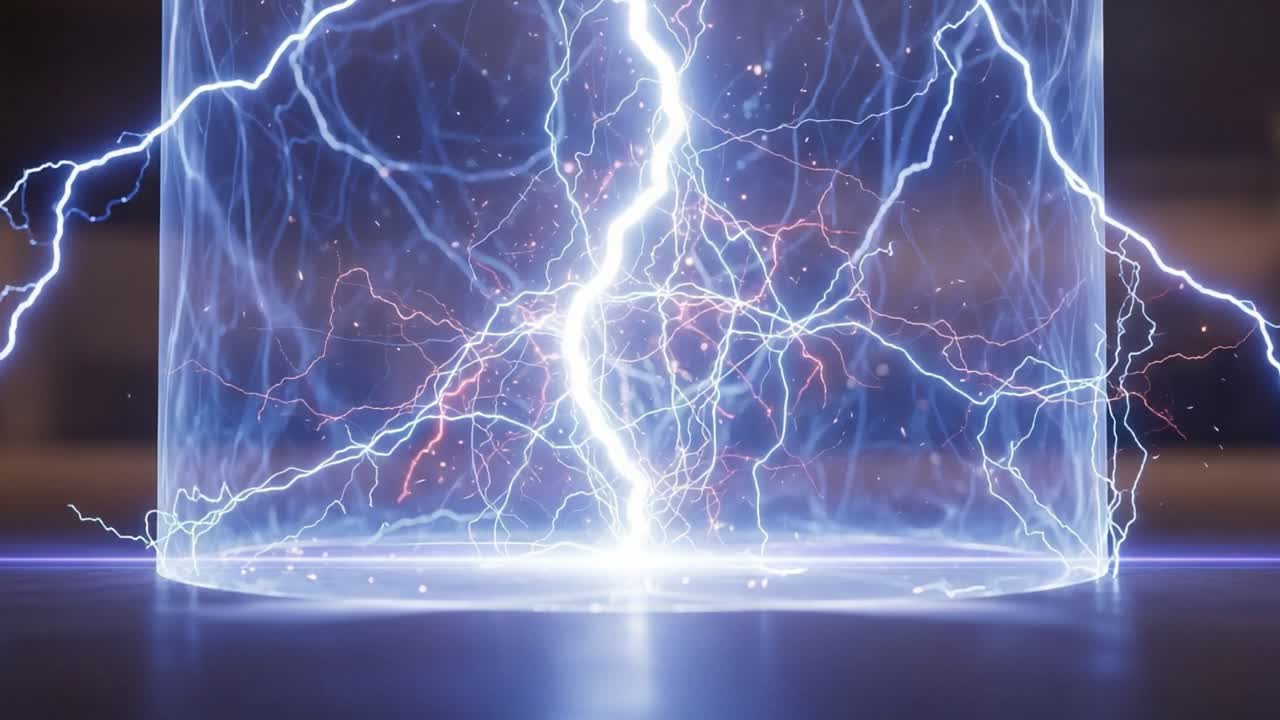 A Stunning Display of Electric Energy: Captivating Visuals of Lightning Encased in a Transparent Cylinder, Showcasing Dynamic Electric Arcs and Powerful Discharges