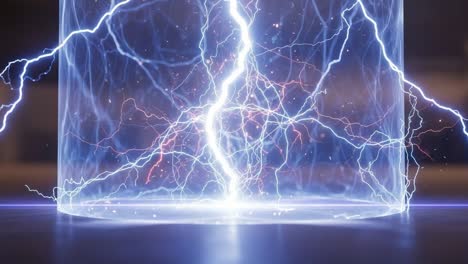 A Stunning Display of Electric Energy: Captivating Visuals of Lightning Encased in a Transparent Cylinder, Showcasing Dynamic Electric Arcs and Powerful Discharges