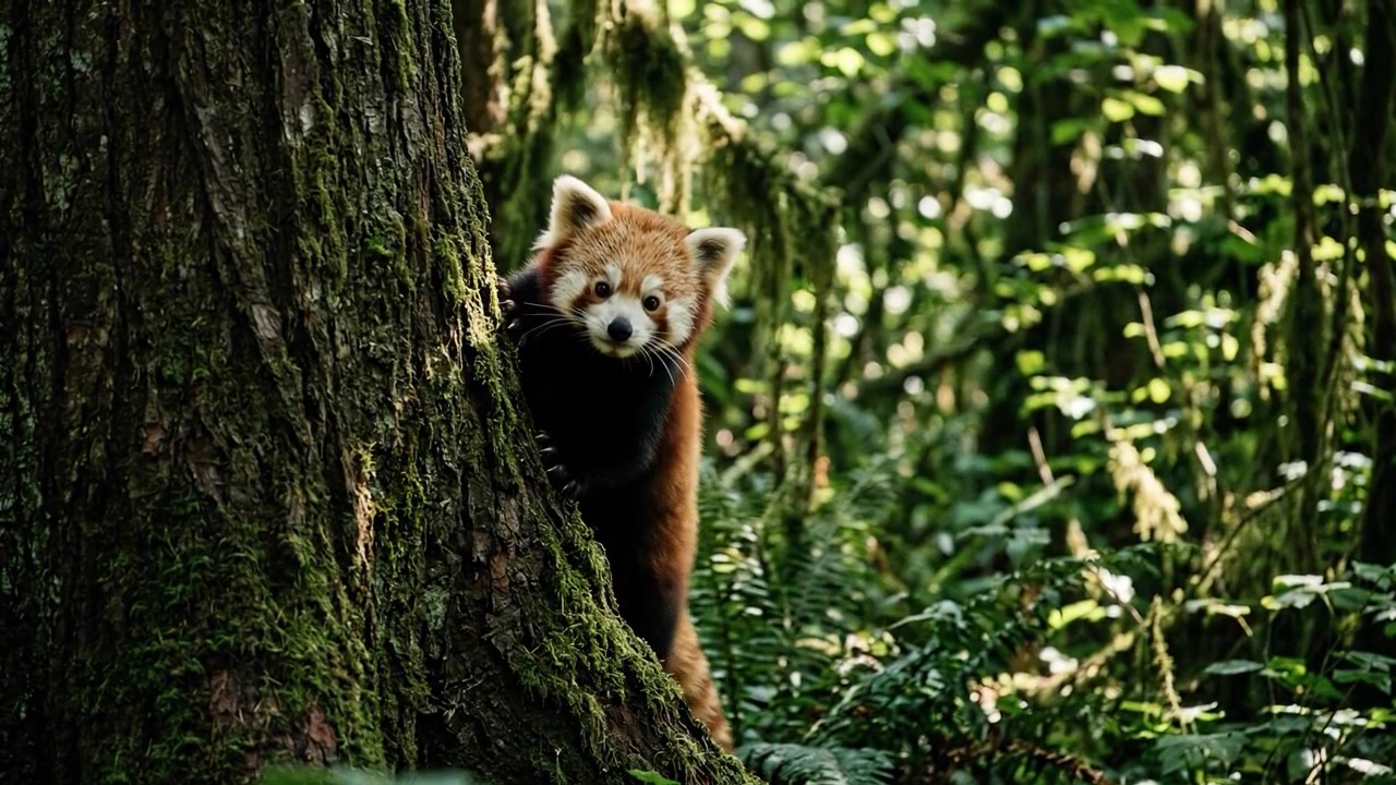 Panda rosso che si arrampica su un albero muschioso in una foresta lussureggiante