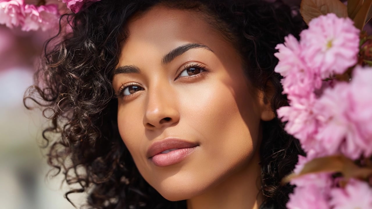 Beleza Radiante Rodeada por Flores Rosas: Uma Coleção de Elegância Natural e Cores Vibrantes Destacando um Retrato em Close-Up de um Rosto Adorável.