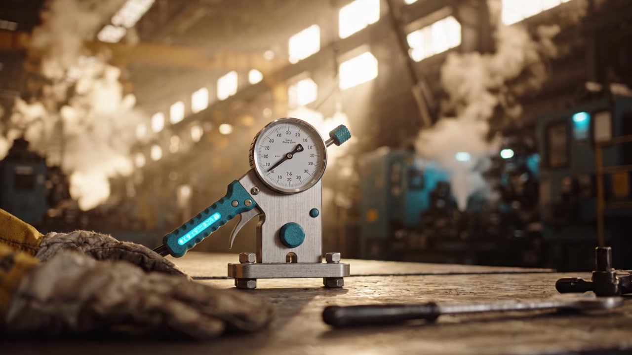 Precision Measuring Tool on a Workbench in Industrial Setting with Steam and Equipment in the Background, Highlighting Work Safety and Accuracy in Measurements
