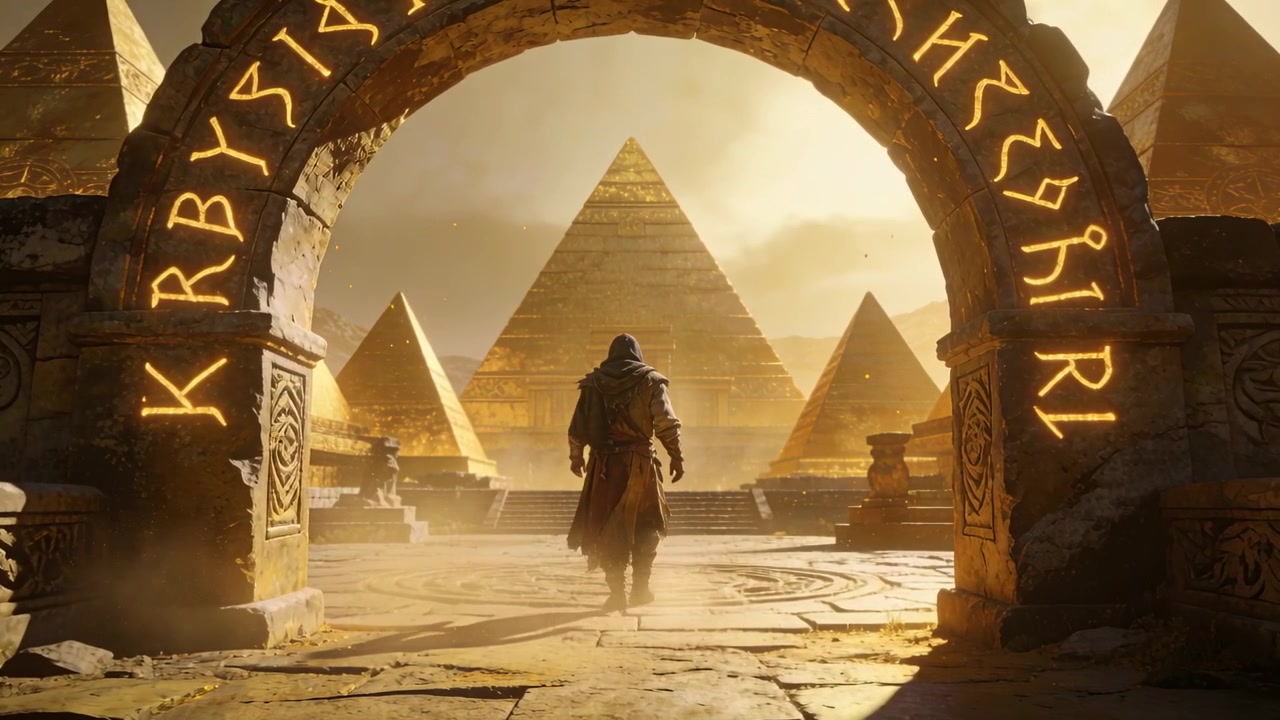 Kráčející postava v kápi a plášti prochází zářícím runovým obloukem na náměstí a hledá centrální pyramidu.